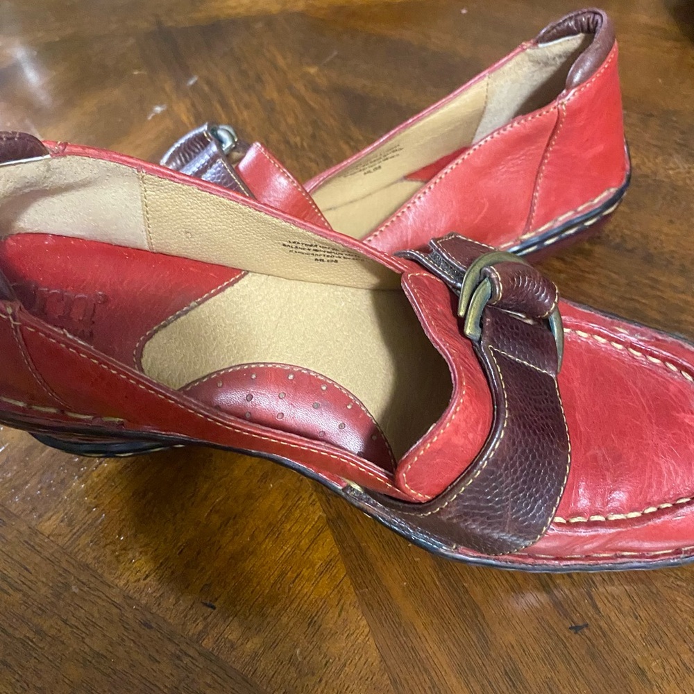 Women's Red Leather Slip-On Loafer with Buckle Accent